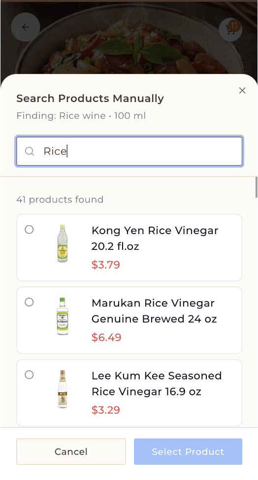 AI recommends the best product match, with the option to search manually.